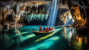 Entrance from inside the majestic UNESCO protected worlds longest underground river in Palawan, Philippines