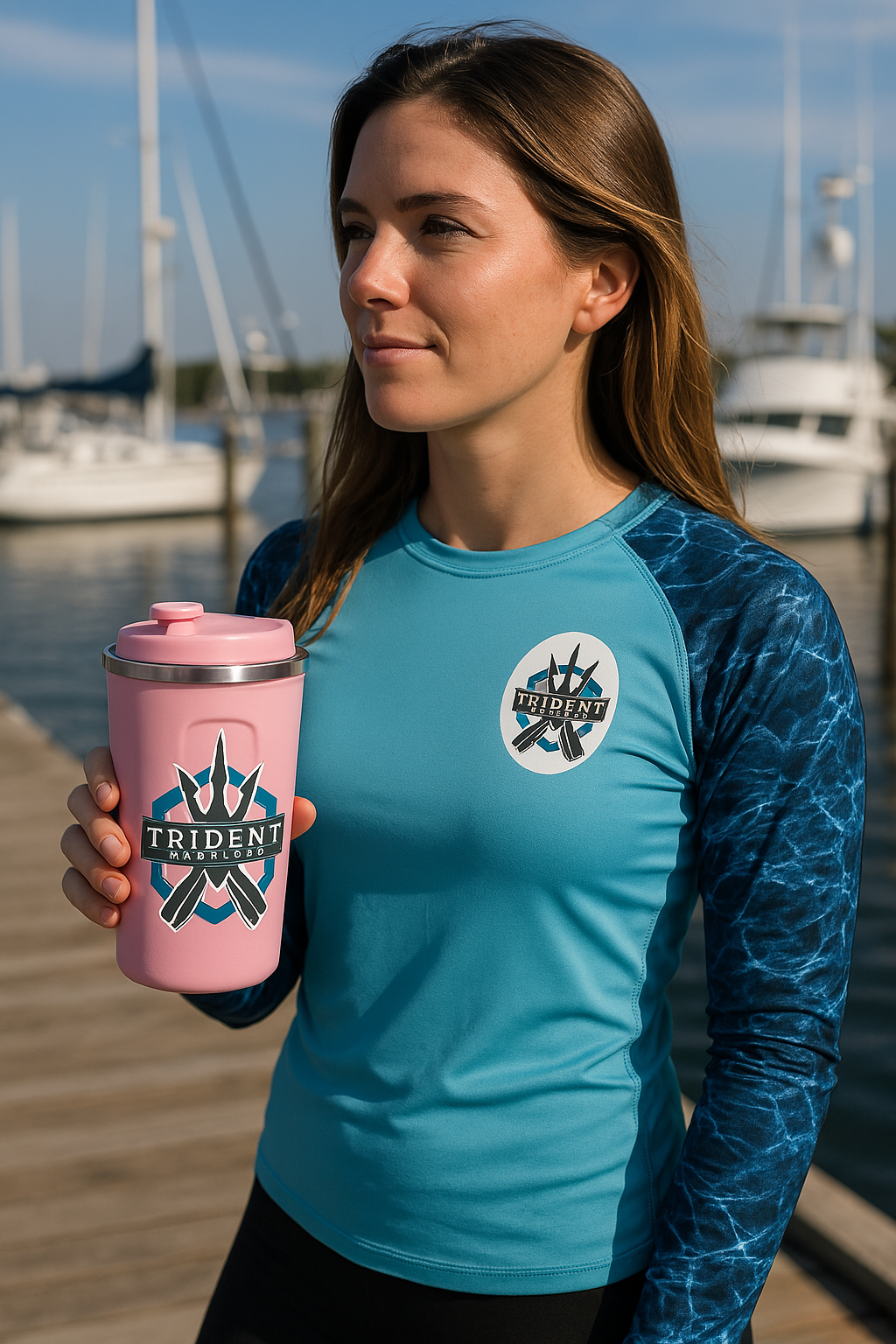 Lady holding Trident Warriors Thermos